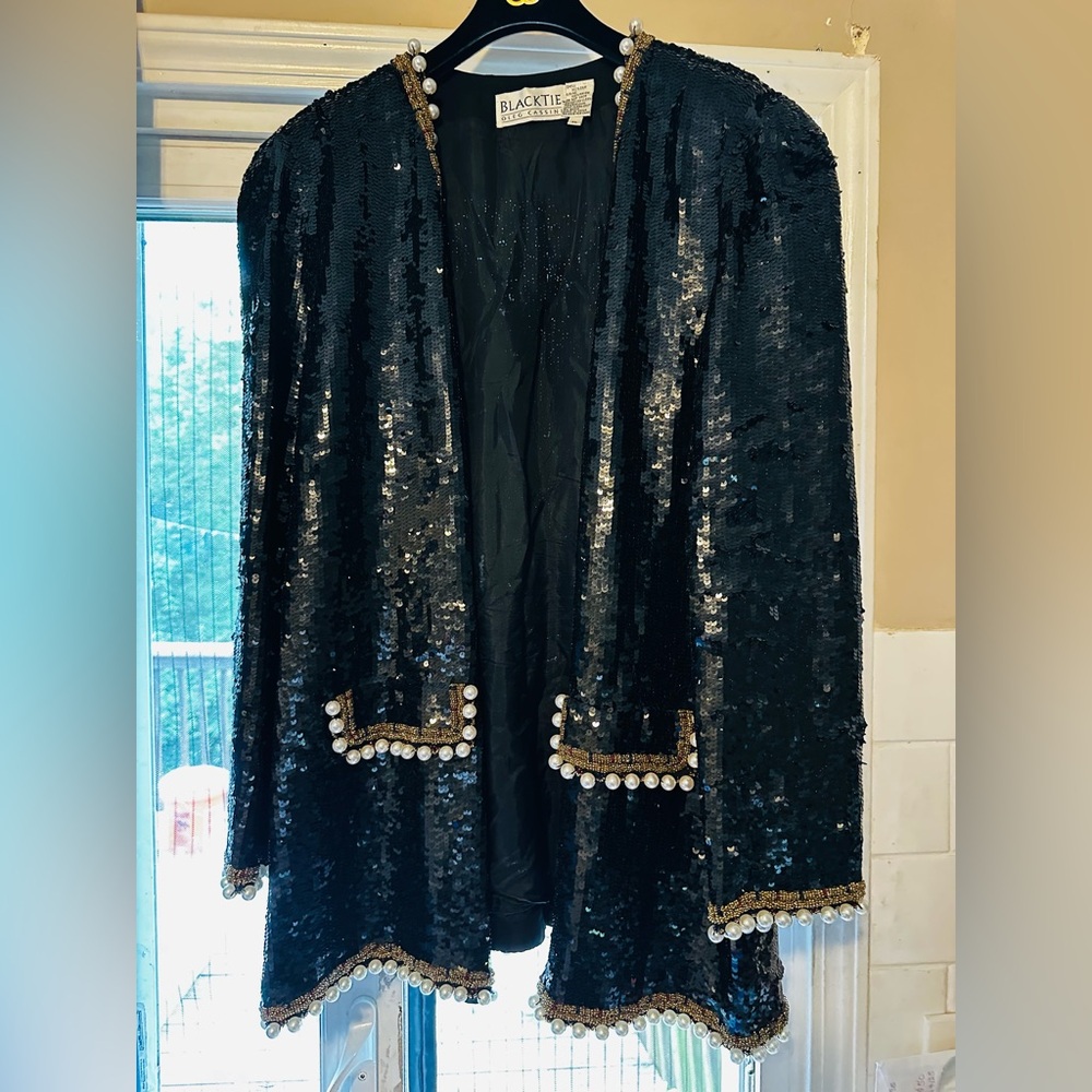Oleg Cassini Black Tie Vtg Sequin Beaded Luxury Jacket Pearl Details. XL - Picture 3 of 13